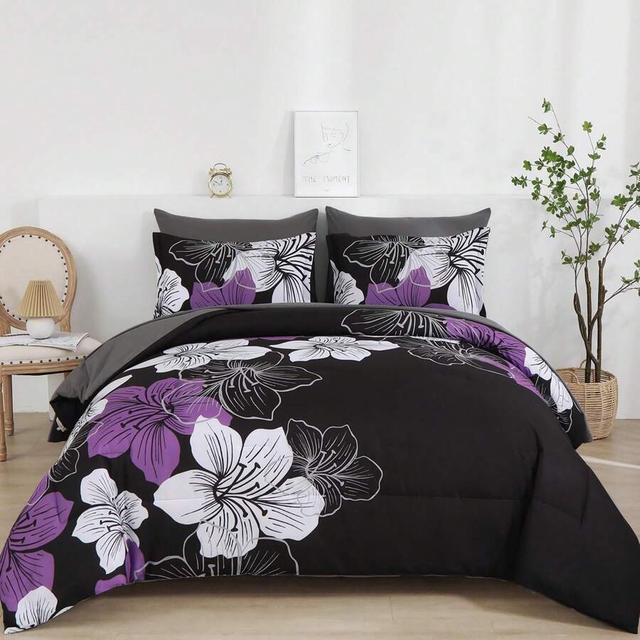 7 Pieces Dark Purple Floral Comforter Set Queen King Bed In A Bag Botanical Floral Comforter Soft Soft Microfiber Complete Bedding Sets For All Seasons,Valentine's Day Gifts - 紫色/黑色 - 查看 1