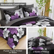 7 Pieces Dark Purple Floral Comforter Set Queen King Bed In A Bag Botanical Floral Comforter Soft Soft Microfiber Complete Bedding Sets For All Seasons,Valentine's Day Gifts - 紫色/黑色 - 查看 4
