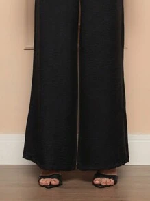 Women's Wide Leg Pants Elastic/Elegant/Crep Fabric/High Waist/Bell Bottoms/With Pockets On The Sides/Premiun/Wide Leg/Chic/Very Good For Body Modification/ Summer Winter/Christmas Collection / Casual / Stylish / Women's / Christmas Look / Lightweight/ Comfortable/ 2024 Collection/Build Your Look With Us, A Look For Every Modern Woman New Collection - 黑色 - 查看 6