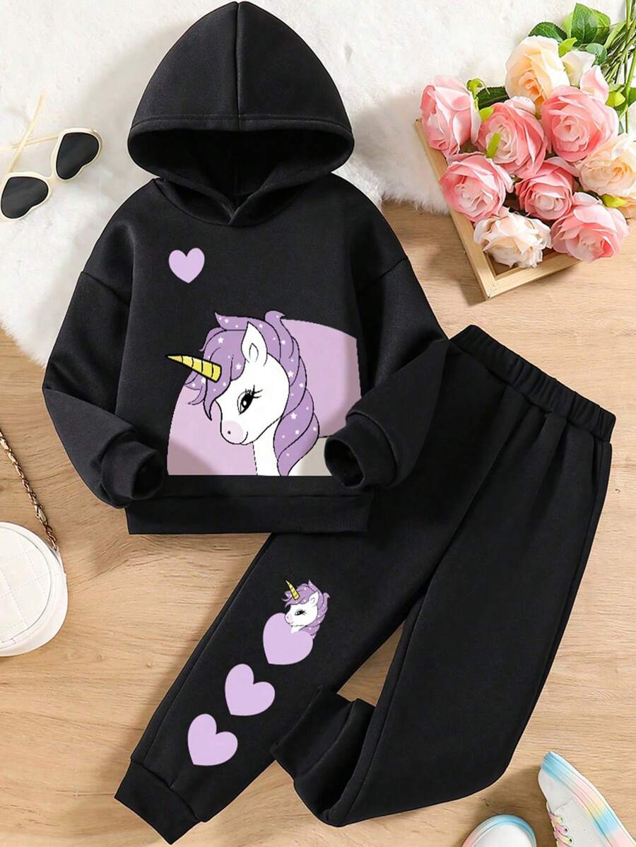 Tween Girls' Unicorn Cartoon Print Hoodie And Sports Pants Set - Black - View 1