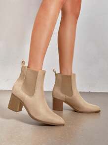 Women's Retro Elastic Chelsea Ankle Boots Fashion Low Chunky Block Heel Pointed Toe Fall Heeled Booties Shoes - 米色 - 查看 3