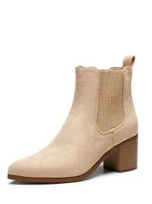 Women's Retro Elastic Chelsea Ankle Boots Fashion Low Chunky Block Heel Pointed Toe Fall Heeled Booties Shoes - 米色 - 查看 4