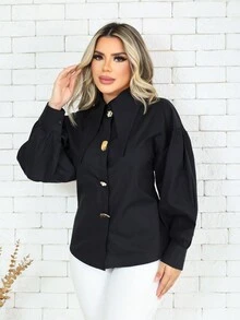 Women's Puff Sleeve Shirt - màu đen - Xem 4