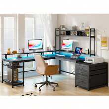EnHomee Escritorio de computadora con cajones, escritorio de computadora para juegos con luz LED y tomas de corriente, escritorio para juegos en forma de L con soporte para monitor y estantes, escritorios de oficina en casa para sala de juegos - Negro - Ver 6