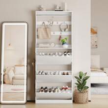 Narrow Shoe Storage Cabinet For Entryway, Slim Shoe Cabinet With Coat Rack And 3 Flip Drawers, Freestanding Hall Tree With Hidden Storage For Entryway, Hallway, Bedroom, Apartment
