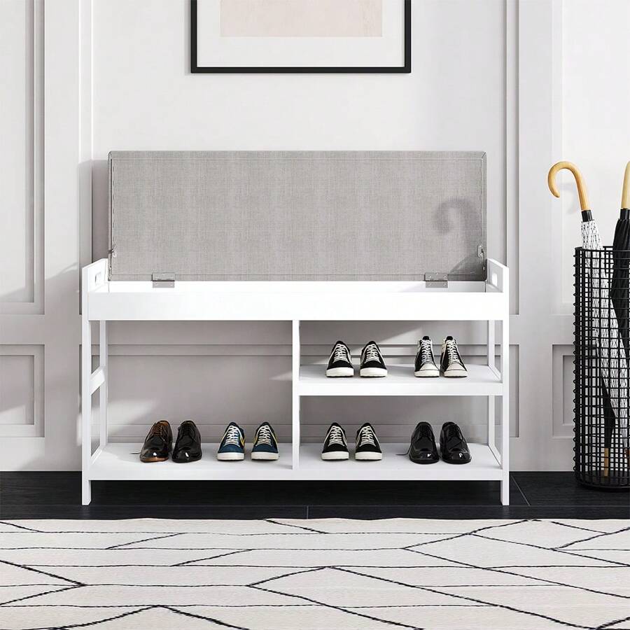 LIVINGANDHOME Living And Home 2-Tier Wood Shoe Storage Bench With Padded Seat - White - View 1