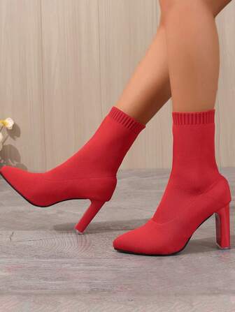 Women's Pointed Toe Thick High Heel Elegant Knitted Breathable Warm Short Boots For Autumn And Winter