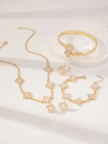 1 Set Acrylic Lucky Clover Necklace Earring Bracelet Ring Jewelry Set - Multicolor - View 2