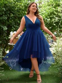 Plus High Low Hem Mesh Overlay Dress - Navy Blue - View 2