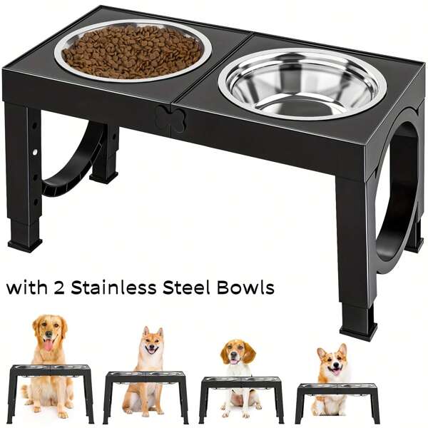 1 Set Elevated Dog Bowls, 4 Adjustable Heights Dog Raised Bowls Rack With 2 Stainless Steel Bowls, No Slip Adjustable Elevated Dog Bowl Stand With 2 Stainless Steel Bowls Dog Feeder For Medium Large Breed Dogs, Black/White/PInk/Grey