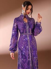 Women's Long Sleeve Modest Dress With V-Neckline, Sparkling Sequins And Arabian Robe Style (Non-Positioning Cut Flower) - Purple - View 6