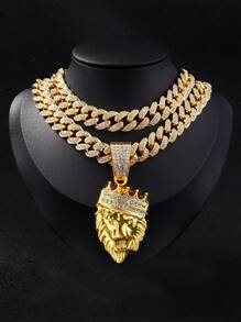 2pcs Lion Crown Pendant Necklace & Diamond Embedded Bracelet Set, Unisex Hip Hop Jewelry - Gold - View 2