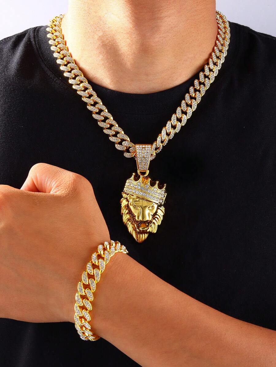 2pcs Lion Crown Pendant Necklace & Diamond Embedded Bracelet Set, Unisex Hip Hop Jewelry - Gold - View 1