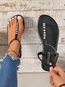 女士时尚珍珠缀饰卡其色凉鞋，2023 年夏季新款休闲法式平底鞋搭配连衣裙