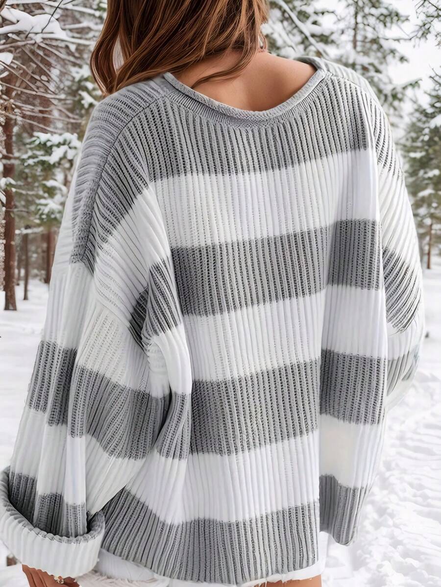 Áo len dệt kim kẻ sọc dài tay cổ tròn dáng rộng thoải mái cho nữ, mùa thu/đông - Xám - Xem 1