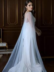 1pc Plain Color Sheer Long Dress Shawl, Detachable Brooch Or Cloak Style Wrap, Bridal Wedding Cape Fall Clothes For Women