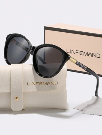  Gafas de moda con decoración de ojo de gato de la marca LINFEMAND, diseño de moda para mujer, adecuadas para conducir, fiestas en la playa, viajes, vacaciones, elegante atuendo para vacaciones de verano en la playa, al aire libre, viajes, con decoración en las patillas, estilo elegante y montura redonda extra grande