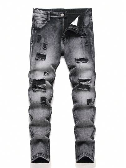 Jeans rectos y delgados negros con rotos para hombres, estilo europeo y americano