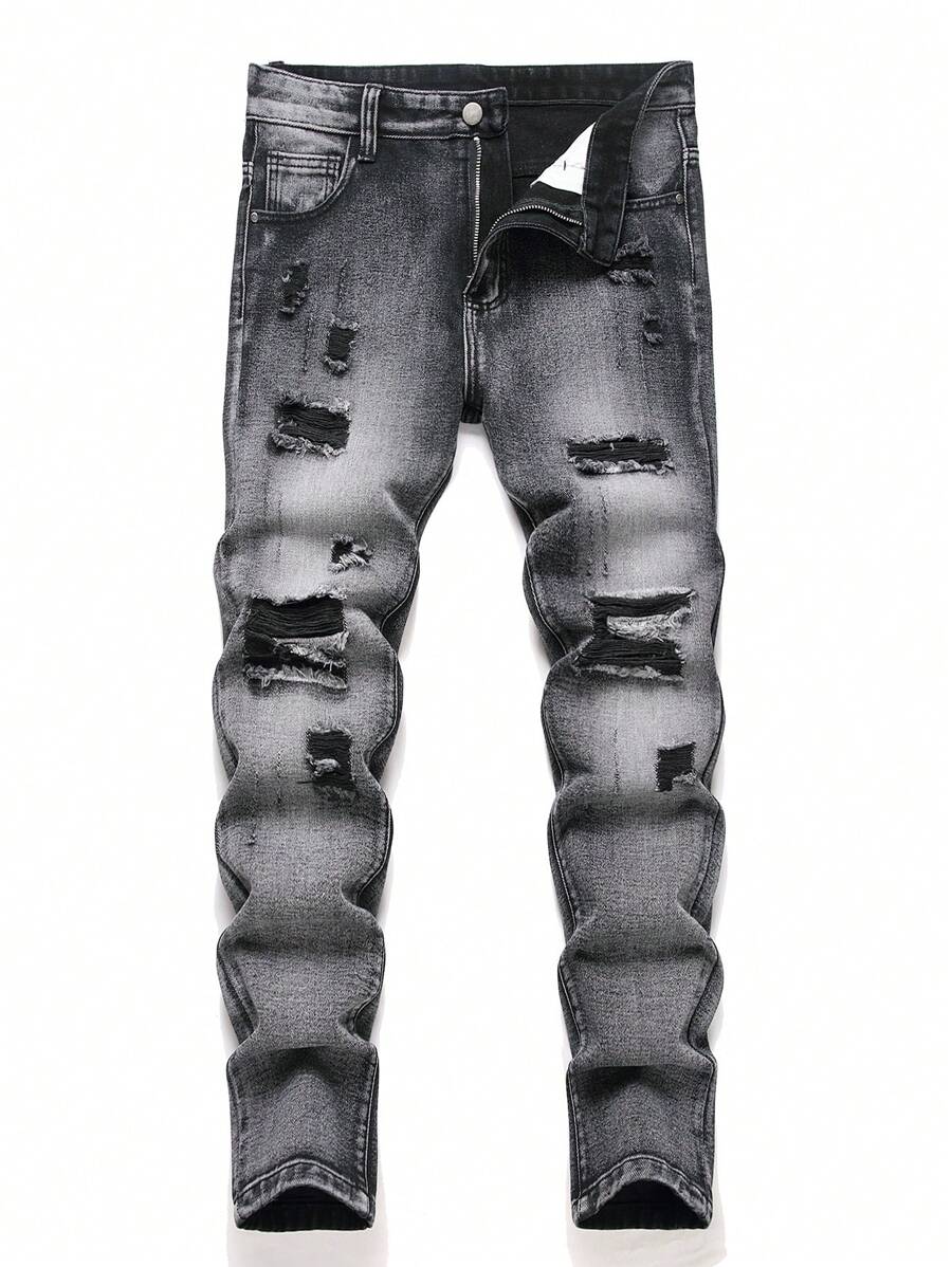 Jeans slim grigi con strappi neri, stile europeo e americano, per uomo