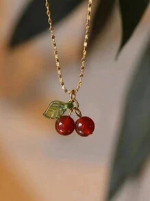 Biokia 1 pièce Collier avec cerise et agate rouge pour étudiants, cadeau mignon pour les filles