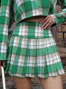 Women's Set Plaid/ Cropped Long Sleeve/ Pleated Skirt/ Yi1281 - màu xanh lá - Xem 2