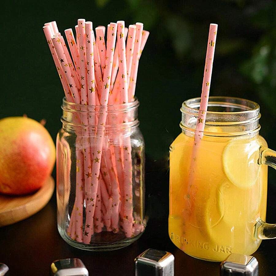 25入組紙星星圖案一次性吸管 - 粉色 - 查看 1