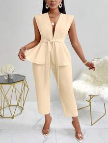 Plus Size Summer Business Solid Color Vest & Pants Suit - Apricot - View 6