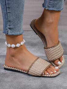 Sandalias planas de moda para mujer, sandalias cómodas sin deslizamiento para playa de primavera/verano, sandalias planas clásicas, elegantes diapositivas de estilo europeo - Marrón - Ver 5