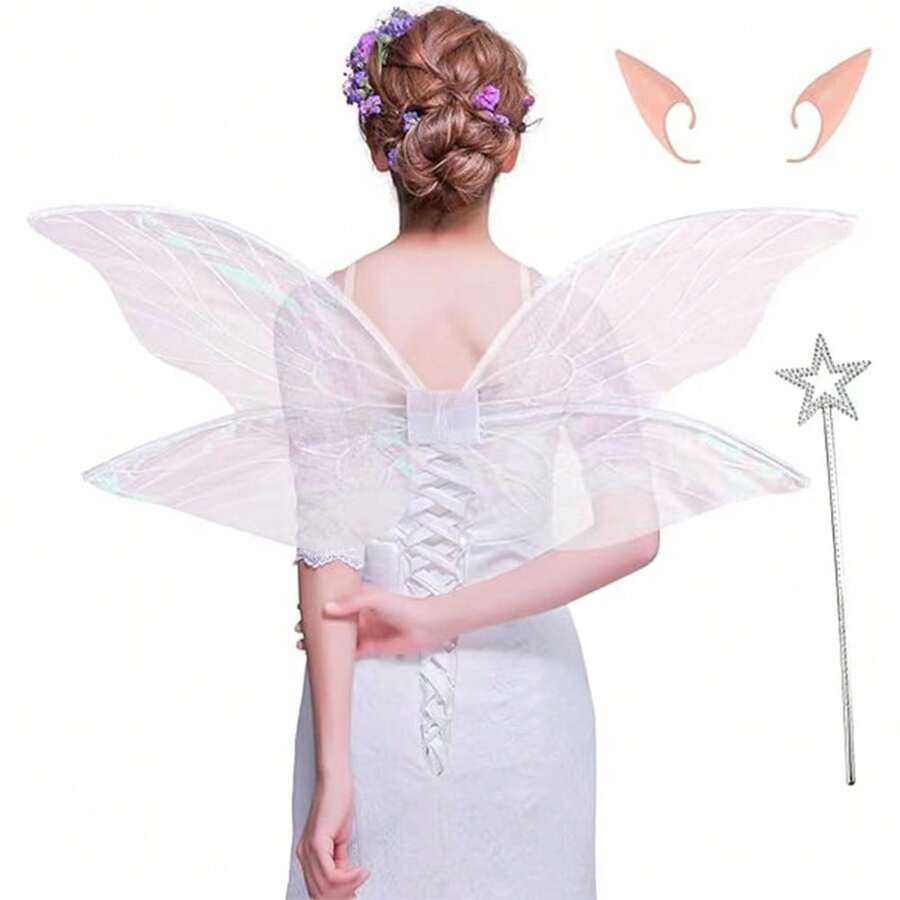 1 set Disfraz de hada de mariposa de Halloween, alas de ángel, varita mágica y orejas, disfraz de hada para mujeres para fiesta de disfraces de Halloween - Blanco - Ver 1