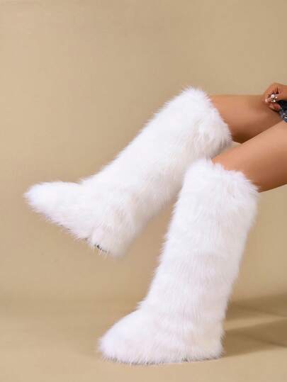 New Winter Fluffy Lined High-Top Warm Snow Boots, Round Toe Faux Fox Fur Winter Tall Boots For Women, Christmas Party Atmosphere, Perfect With Sweater Dress,Knee High Boots