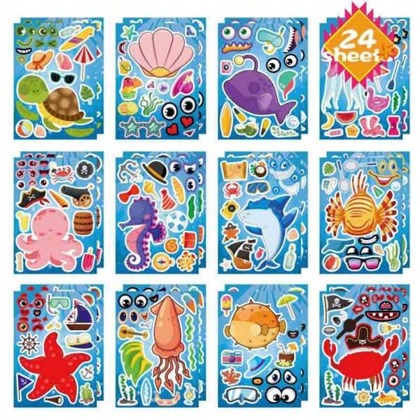 12/24/36 Sheets Make A Face Stickers For Kids, 12 Different Cartoon Marine Animal Designs Stickers For Kids Birthday Party Favor Supplies Craft