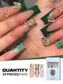 Get Charm 24 Pieces Of Medium Rectangular Nails Green French Wearable Press One Nails Set Gold Cute Smart Three-Dimensional Butterfly Charm False Nails Rhinestones Pile Rhinestone Flashing Gem Nails Green Gradient Smudge Glitter False Nail Patches With A Free Piece Of Jelly Glue And A Nail Rub Full Coverage Wearable Nail Set Suitable For Party Dances And Daily Wear Nail Supplies Nails