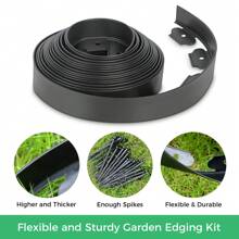 20 FT Landscape Edging Border With 24 Spikes, No Dig Garden Edging 1.8 Inch Tall Lawn Edging Border, Plastic Edging Border Flexible For Garden Flower Beds Lawn Yard Pathway - 黑色 - 查看 5