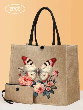 Set de 2 bolsos con tema de mariposas y patrón de mariposas y flores, adecuado para viajes, bolso de playa, bolsa de regalo, bolsa de compras, bolsa para hacer la tarea, bolso de hermana, regalo para familia, parientes, enfermeras, maestros, hermanas, mejores amigas y compañeros de clase. Regalo ideal para el Día de San Valentín, cumpleaños, festividades musicales. Bolso de tote multifuncional y portátil de gran capacidad, perfecto para fiestas, viajes, ir al trabajo, la escuela, la playa, graduaciones. Un artículo de moda, el mejor regalo para el Día del Maestro.