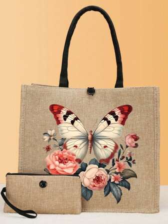 2 stycken/uppsättning handväskor med fjärilstema med fjärils- och blommönster, lämplig för resor, strandväska, presentpåse, shoppingväska, läxväska Systerhandväska, present till familjen, släktingar, sjuksköterskor, lärare, systrar, bästisar och klasskamrater Bästa present, Alla hjärtans dag-present, födelsedagspresent, bärbar tygpåse för musikhögtidspresent, multifunktionell shoppingväska, stor kapacitet, perfekt för festresor, lämplig för pendling till jobbet, skola, strandsemester, examenspresent, modeplagg, bästa lärarens dagpresent för alltid, trendig Fjärilsväska