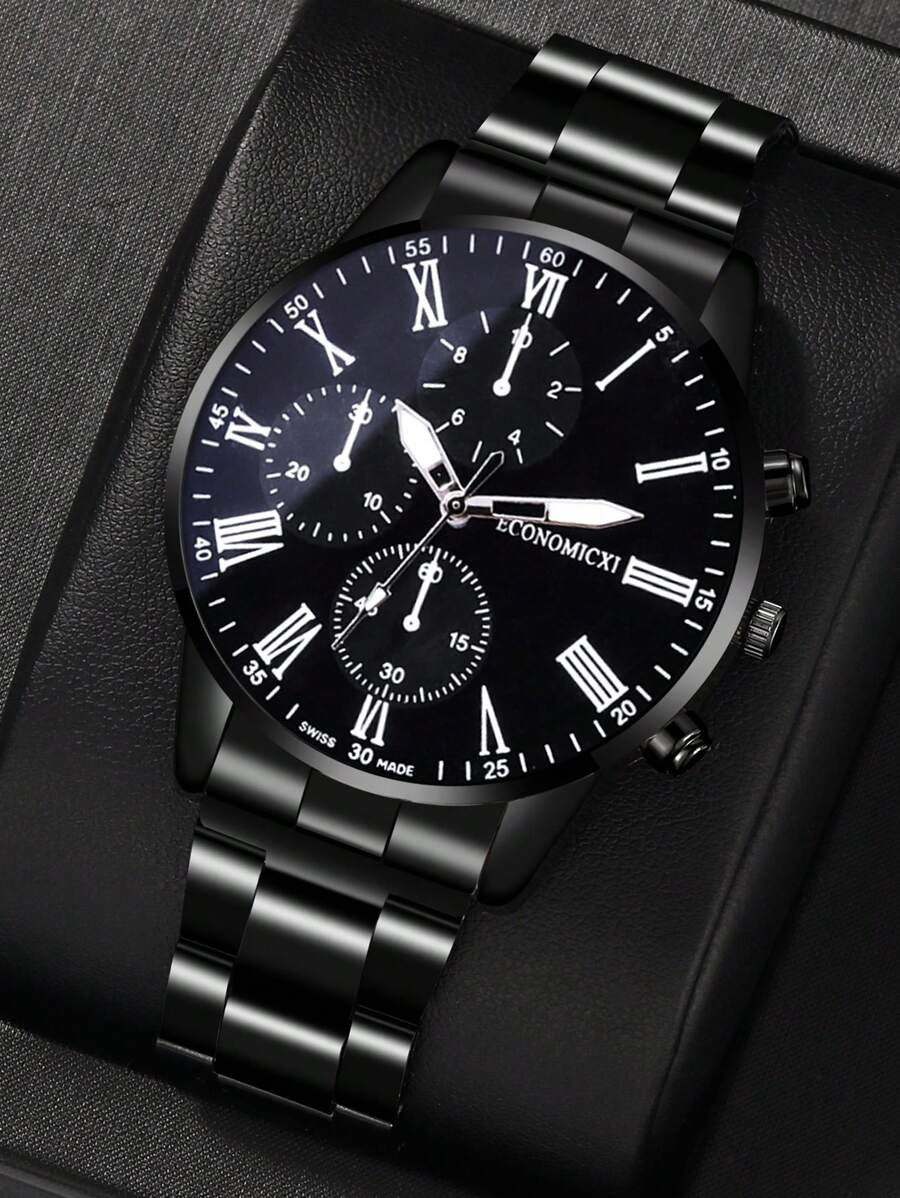 時尚潮流圓盤錶盤青少年鋼帶石英手錶，是送給兒童返校禮物的好選擇 - 黑色 - 查看 1