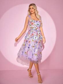 Flower Embroidered Mesh Contrast Tie Front Cocktail Dress, Elegant Prom Semi Formal Dress, For Birthday, Wedding Guest, Graduation, Dinner, Homecoming - Purple - View 1