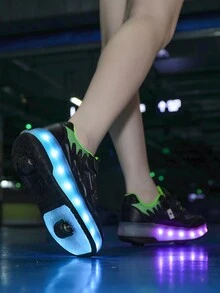 LED Light Up Roller Shoes With Double Wheels, USB Rechargeable, Outdoor Sports Skating Sneakers For Women - Black - View 10