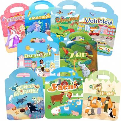 Travel Sticker Books 1-9 Animals, Princesses, Pets, Dinosaurs, Vehicles, Mermaids, Farms, Doctors, And Oceans 9 Pack Cute Reusable Sticker Books Travel Birthday Gifts