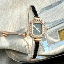 1pc Women's Black Cubic Zirconia Embellished Adjustable Bracelet Watch, Square Alloy Case, Rhinestone Indexes, Simple Quartz Movement, Elegant Design - Black - View 3