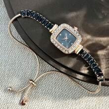 1pc Women's Black Cubic Zirconia Embellished Adjustable Bracelet Watch, Square Alloy Case, Rhinestone Indexes, Simple Quartz Movement, Elegant Design - Black - View 2