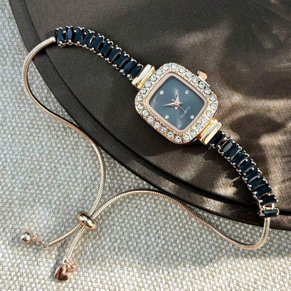 1 pezzo Orologio da polso con bracciale regolabile e zirconia cubica nera per donna, cassa in lega quadrata, indici con strass, movimento al quarzo semplice, design elegante