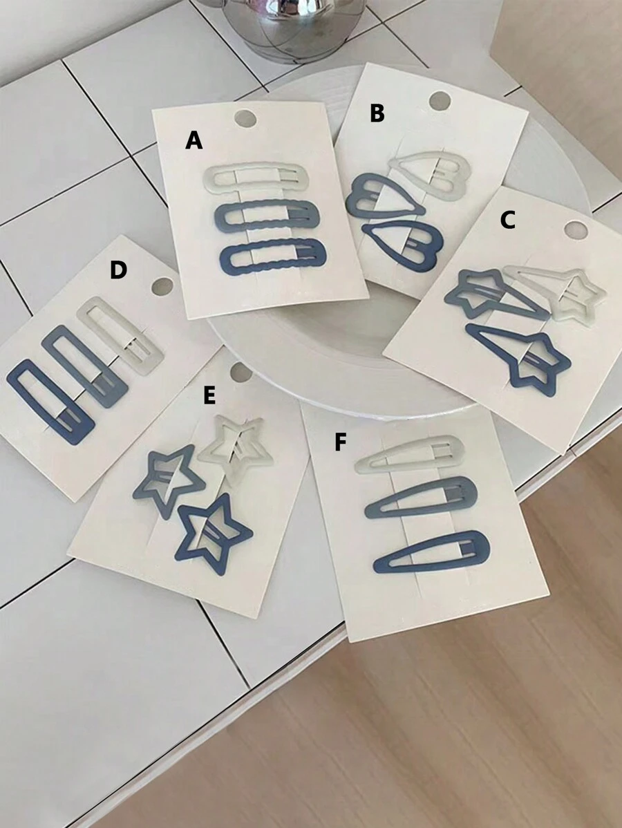 3 chiếc Kẹp tóc thiết kế hình ngôi sao và trái tim màu xanh lam mờ mờ ombre tối giản, thích hợp cho trường học, trang phục hàng ngày, tóc mái, kiểu tóc vuốt sang một bên - Nhiều màu - Xem 1