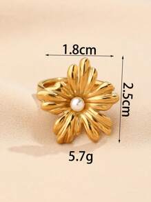 1 件不锈钢时尚夸张款式女士金色花朵形珍珠花蕊戒指，适合女性日常佩戴或作为礼物赠送 - 金黃色 - 查看 4