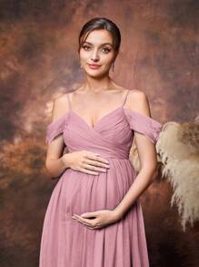 Faeriesty Dressalisa Maternity Cold Shoulder Back Lace Up Mesh Slip Party Dress - Dusty Pink - View 4