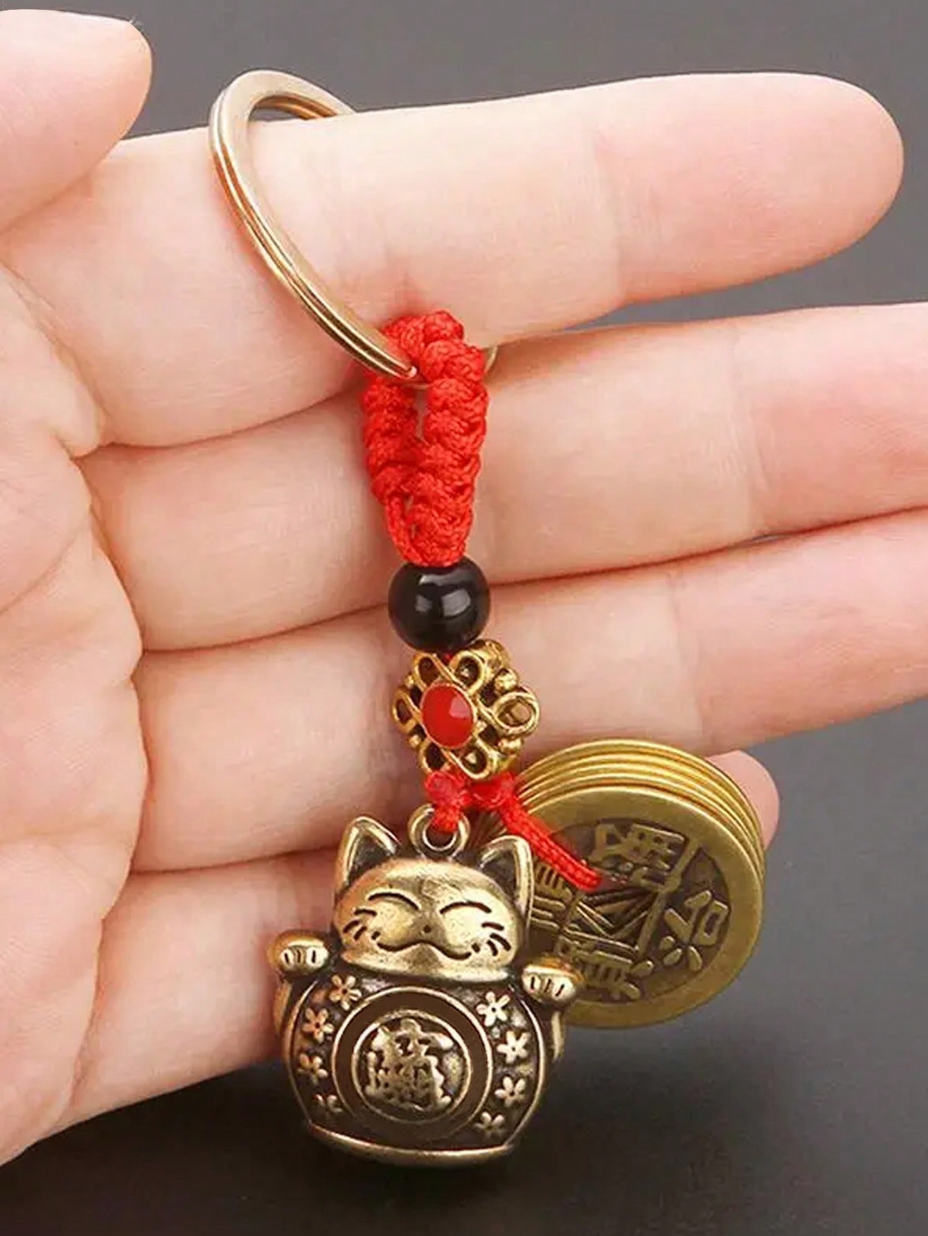 1 pezzo Portachiavi fatto a mano in ottone Vintage Gatto Fortunato Moneta di Feng Shui Anello di chiavi fortunato solido con portachiavi a monete casuali dei cinque imperatori