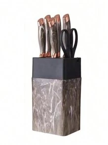 7件/套，刀具套装，五把多功能厨师刀，一把剪刀，带底座，不锈钢，大理石花纹，简约奢华风格，白色、棕色、银色、金色四种颜色，适用于家庭厨房