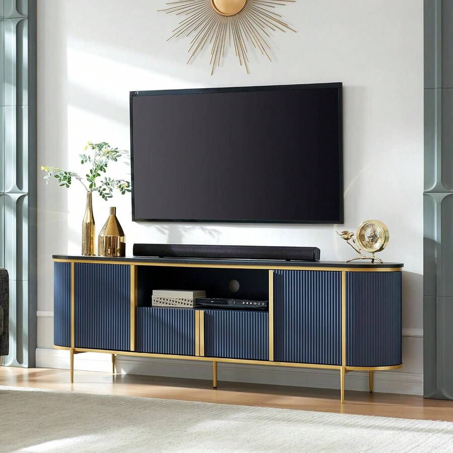 Luxury 70" Fluted TV Stand, Modern Entertainment Center For TVs Up To 80 Inches, TV Console With Faux Marble Top, Curved Profile Design, Media Console For Living Room - 藏蓝色 - 查看 1