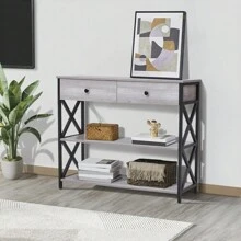 LIVINGANDHOME Living And Home Narrow Wooden Console Table With Drawers - Grey - View 3