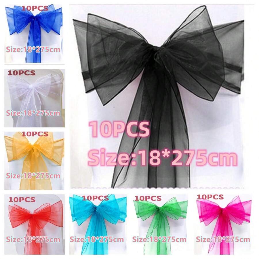10pcs Organza Chair Sashes, Black Butterfly Chair Back Decorations, 18cm Wide X 275cm Long, For Wedding, Saudi National Day Party, Christmas Events And Celebrations, DIY Chair Decor